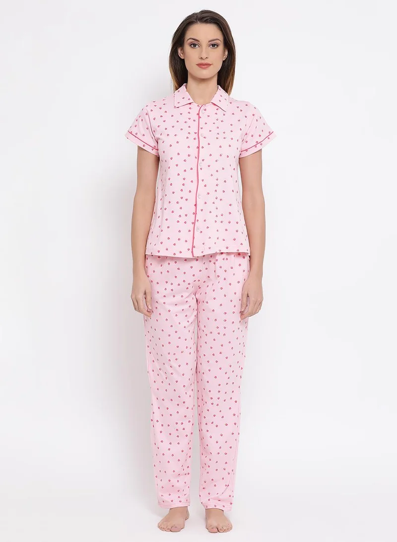 كلوفيا Strawberry Print Button Down Night Suit in Baby Pink - 100% Cotton